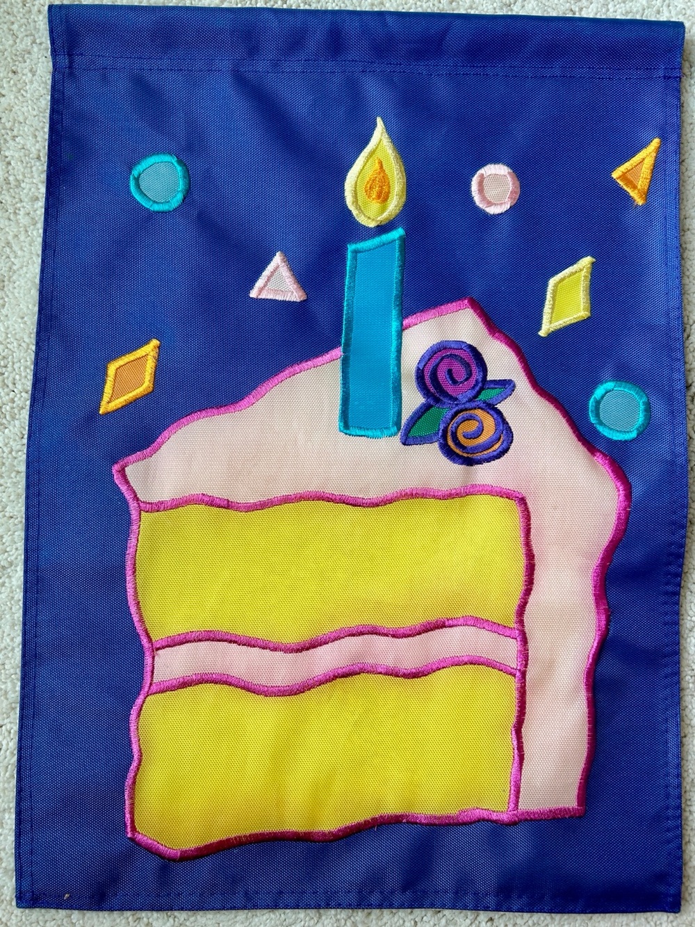 12x15â Embroidered Birthday Cake Small Flag/Banner - Blue, Yellow, Pink